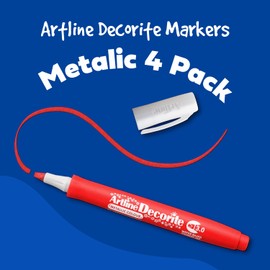Artline Shachihata Decorite EDF-3 Wet Erase Markers, 3.0mm Flat Tip, Metallic Markers for Arts & Crafts, Fade-Resistant, Ideal for Overpainting & Layering - Metallic Red, Blue, Green & Silver 4-Pack