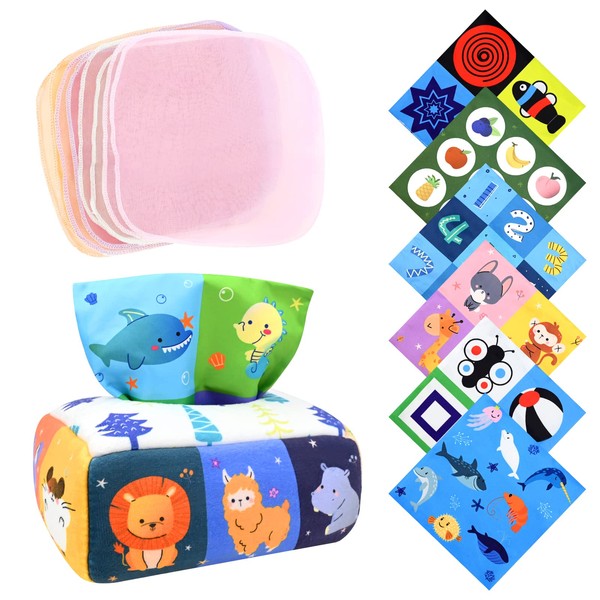 GLAITC Baby Tissue Box Toy Toys 0-6 Months Includes Coloured Cloth Sensory for Babies Montessori Toddler Learning Educational Toys, Christmas Birthday Girls Boys (Animals)