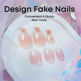48Pcs Ombre Press on Nails and Toes Matching Set Short Square Fake Nails Pink White Gradient False Nails Glossy Reusable Full Cover Acrylic Glue on Toenails for Women Girl Nails Art Decoration