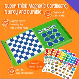 2 in 1 Checkers Set, Magnetic Game Board -Checkers & Tic-Tac-Toe, Thick Foam Checker Road Travel Game with 59 Reward Stickers for Young Kids Aged 3+