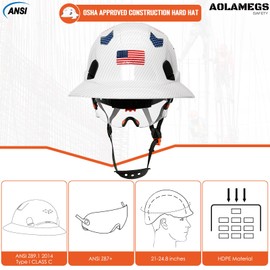 Aolamegs Safe Bright White Carbon Fiber Pattern Full Brim Hard Hat with Visor -Vented Hard Hats Construction OSHA Approved for Men Adult, Reflective Safety Helmet with Chin Strap,6-Point Suspension
