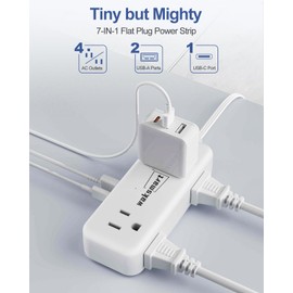 Extension Cord 6 Feet - 4 AC Outlets 3 USB Ports (5V/3.4A 17W), Flat Plug Power Strip Compact for College Dorm, Travel, Cruise, Home, Office, ETL Listed