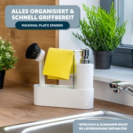 bremermann Sink Organiser for Kitchen and Bathroom, Sink Utensil Holder Including Soap Dispenser, Washing Up Brush with Brush Head and Dish Cloth Holder, with Replacement Brush Head and Pump, White