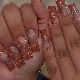 Press on Nails Long Square Nails Rhinestones False Nails Flowers Gold Foil Lines Design Fake Nails Artificial Acrylic Nails Full Cover Glossy Reusable Coffin Nails Glue on Nails for Women 24Pcs
