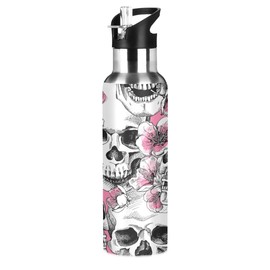 JUMBEAR ACUUM Skull Water Bottle, Insulated Stainless Steel Leak-Proof Wide Mouth Water Bottle with Straw Lid for Fitness, Gym and Outdoor Sports, 22 oz