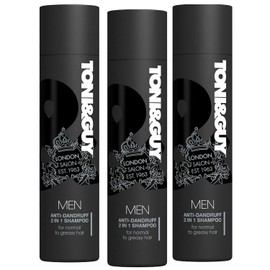 3 Pk of 250 ml Toni & Guy Anti-Dandruff 2in1 Shampoo formulated with Mineral Extracts for Normal to Greasy Hair & Cleanses & Soothes Itchy Scalp, Helping to Remove Loose Dandruff in the Hair