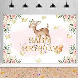Tecreo Happy Birthday Backdrop Banner Party Decoration for Girls Birthday Party Fabric Sign Poster, Floral and Deer Background 1st 2nd 3rd 4th 5th 6th 10th Birthday Party Supplies, 150x90cm