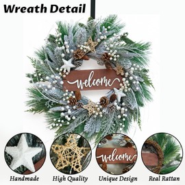 Pinkpuii Winter Wreaths for Front Door 24 Inch Outdoor Christmas Wreath with Welcome Signs,Flocked Winter Door Wreath with Pinecones and White Berries,Green Evergreen Spring Wreath for Holiday Decor