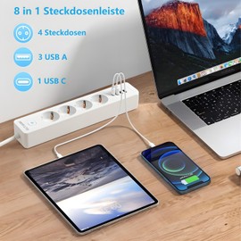QUTIASE Steckdosenleiste mit USB C, Steckerleiste Überspannungsschutz 4-Fach 3680W 16A mit Schalter, Mehrfachsteckdose mit 4 USB, Mehrfachstecker mit USB Verteilersteckdose, 1,8M Kabel - Weiß