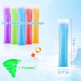 100Pcs Ice Popsicle Mold Bags,Disposable Ice Pop Bags with 1Pc Silicone Funnel,11x2" Popsicle Molds Sealable for DIY Ice Pops,Juice Alcohol Liquor,Fruit Smoothies,Yogurt