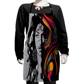 Ambesonne Youth Apron, Woman with Black Hair Floral and Geometric Ornaments Glamor Femininity, Small Apron Bib with Adjustable Ties for Baking Painting, Small Size, Multicolor