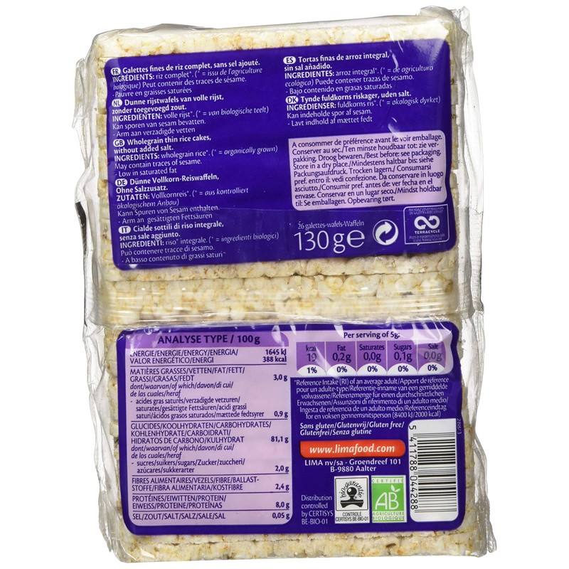 Lima Organic Thin VK Rice Waffles without Salt (6 x