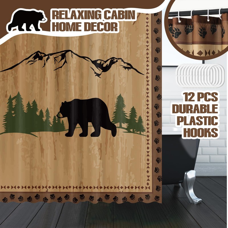 Drydiet 4 Pcs Rustic Cabin Bear Shower Curtain Set Wild