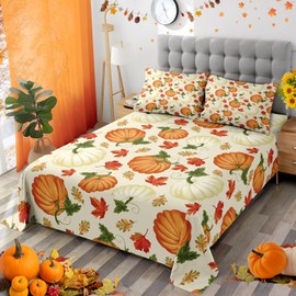 Pamnest Queen Size Bed Sheet Sets, Fall Watercolor Pumpkin Soft Microfiber 4 Pcs Bedding Sets for Kids and Adults Bedroom Bed Decor, Thanksgiving Autumn Leaves, Fitted Sheet and 2 Pillowcases