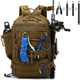 Meprona Fishing Tackle Backpack Storage Bag, Outdoor Shoulder Backpack, Water-Resistant Gear Bag with Rod Holder and Stainless Steel Plier (Standard (14.5 * 9 * 5.5 inch) - Tan)