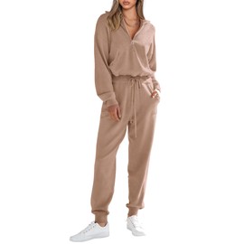 PRETTYGARDEN Women's 2 Piece Sweater Set Pullover Zip Up Sweatshirt Jogger Sweatpants Tracksuit Casual Outfit (Khaki,Medium)