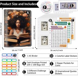 Money Saving Binder, 100 Envelopes Money Saving Challenge, Cash Envelopes Budget Binder & 3 Budgeting Planner Trackers, PU Leathers A5 Money Saving Planner Book，Girl Reading a Book