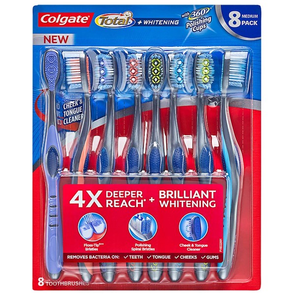 Colgate Total Plus Whitening with 360 Polishing Cups Medium Toothbrush, 8 Count