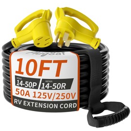 PlugSaf NEMA 14-50P/14-50R 10 FT 50 Amp RV/EV Extension Cord Outdoor with Grip Handle, 4 Prong Flexible Heavy Duty STW RV Power Cord Waterproof, 50A 125/250V 6250/12500W, Black-Yellow, ETL Listed