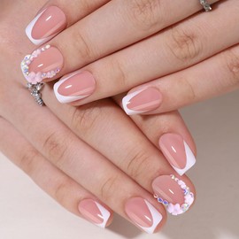 WAFOLOZE White French Tip Press On Nails - Short Square Press On Nails, Fake Nails with Rhinestone and Flower Design, Artificial Nails 16 Sizes - 32Pcs False Nails Tips Kit, Stick On Nails for Women