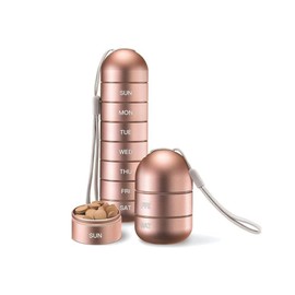 Betterlifewj Metal Pill Organiser, Stackable Waterproof Travel Pill Box, Aluminum Alloy Travel Hiking 7 Day Pill Box Case for Vitamin, Supplement (Rose Gold)