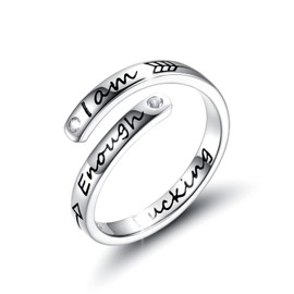 I am Enough Strong Inspirational Message Arrow Rings 925 Sterling Silver Sizeable Quote Wrap Ring Encouragement Jewelry for Women (C)