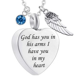 God Has You in His Arms with Angel Wing Charm Cremation Ashes Jewelry Keepsake Memorial Urn Necklace with Birthstone CrystalColor: March