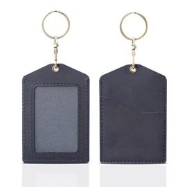 Trizek - ID Badge Luggage Tag School and Working Card tag Genuine Leather ID Card Holder Tag (Black)