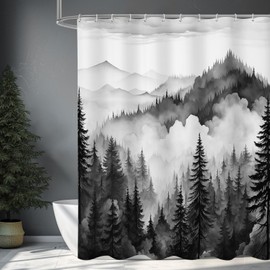 Litabel Black and Grey Misty Pine Forest Shower Curtain, Mountain Foggy Woodland Scenery Tree Shower Curtains for Chic Rustic Bathroom, Abstract Modern Waterproof Nature-Themed Decor, 72x72 Inches
