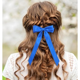 Royal Blue Large Hair Bows Alligator Clips, ValueBargain 3PCS 5.5" Satin Ribbon Barrettes with Long Tails for Bridal Party Women Girls Wedding Decor