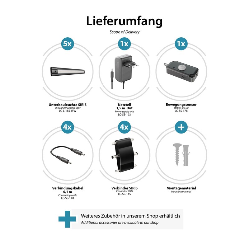ledscom.de Siris LED Under-Unit Light Set of 5 Matt Black