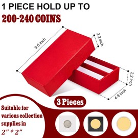 Henoyso 3 Pcs Double Row Coin Box Holders for Collectors Storage Supplies Collecting Coin Cases, 9 x 2 x 2 Inch About Half Box Cases(Red)