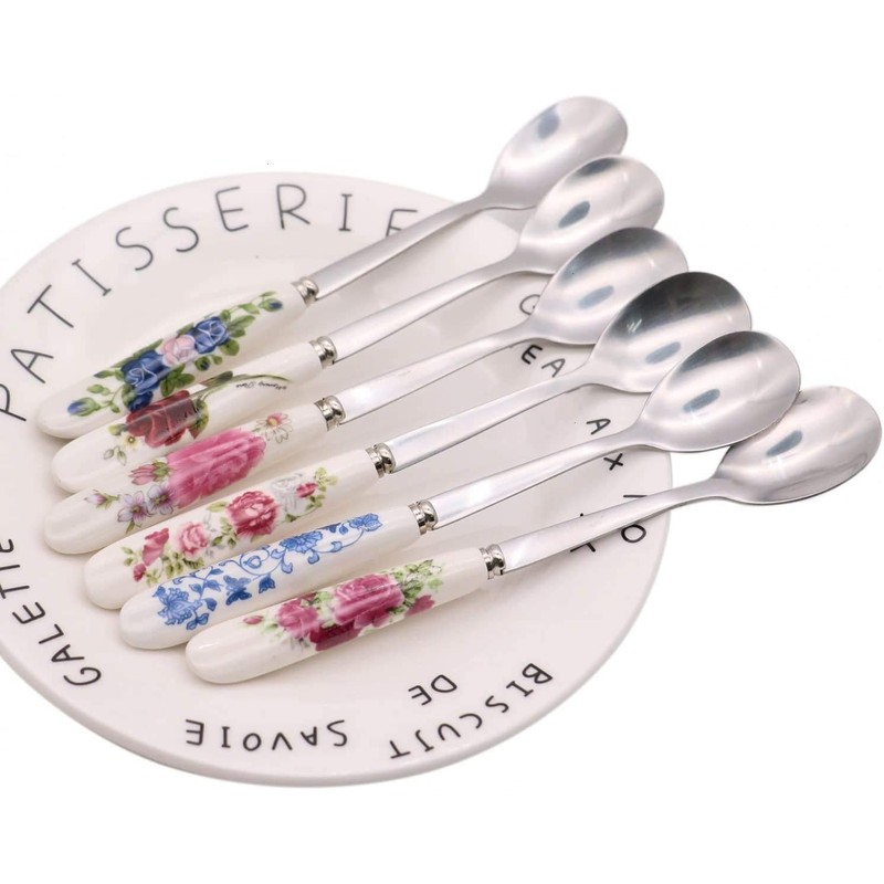 6 Pack Stainless Steel Coffee Spoon Ceramic Handle Teaspoon Sugar