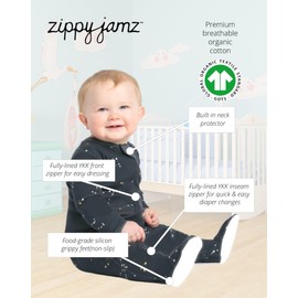 zippyjamz – Zipper Organic Sleeper Footed Baby Pajamas with Inseam Zipper (Galaxy Love - Navy, 6-9 months)