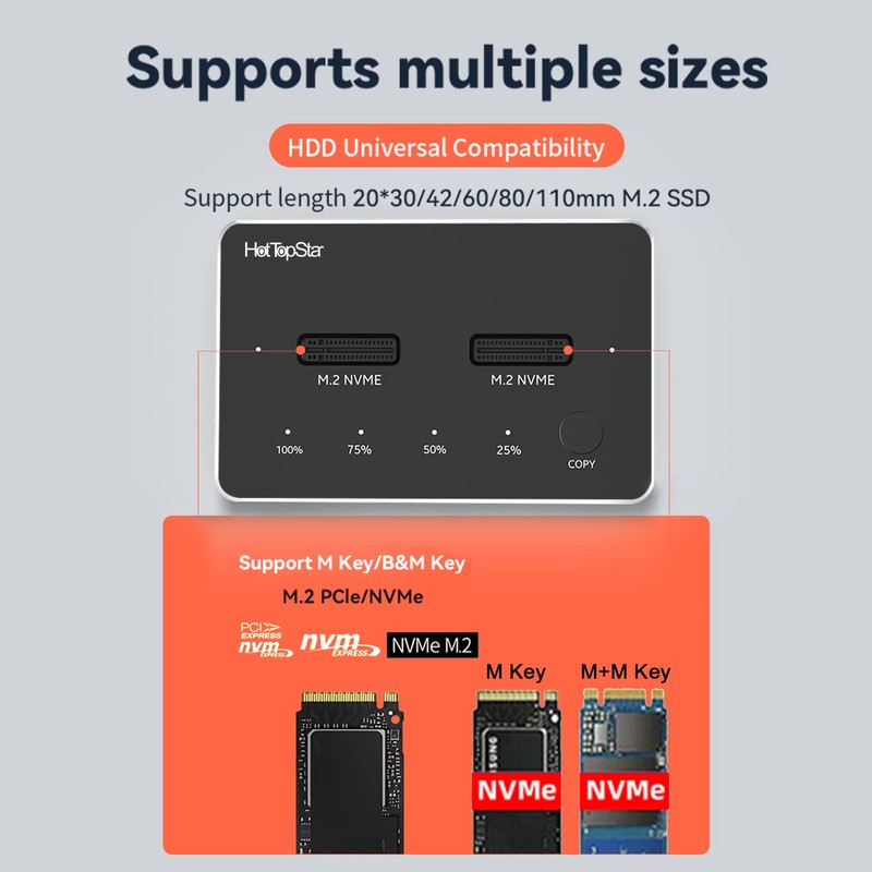 HotTopStar NVMe Clone Docking station, Dual Bay M.2 NVMe Enclosure,