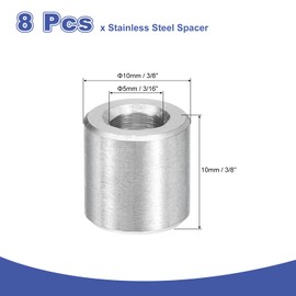uxcell 8Pcs 304 Stainless Steel Spacer 3/8" OD x 3/16" ID x 3/8" Length(10x5x10mm) Screw Standoff Bushing Plain Finish Unthreaded Round Metal Spacer for M3 Screws Bolts and Rods, Silver