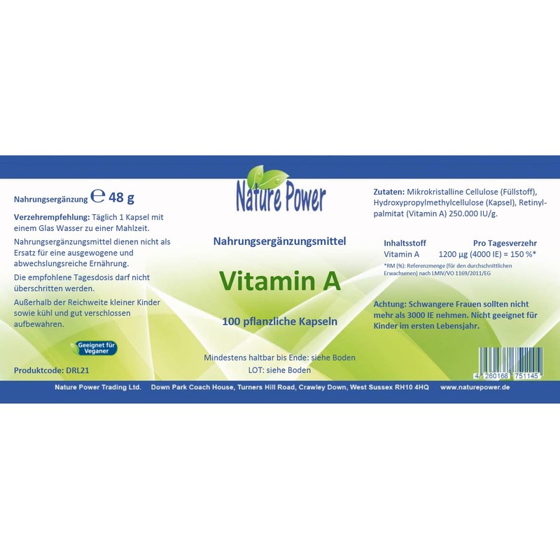 Vitamin A (Retinol) – 100 Vegetable Capsules in Brown Glass