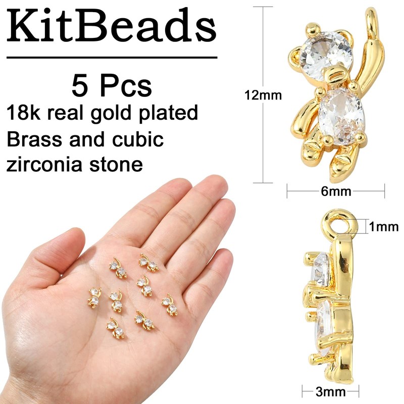 5pcs Cubic Zirconia Bear Charms 18K Gold Plated Cute Animal