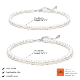 Zeffy Pearl Necklace Set for Women, 6+8MM Dainty Round Imitation Pearl Choker Necklace Set of 2, Wedding Pearl Necklace Delicate Jewelry for Women Simple Bridesmaid Jewelry Gifts