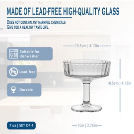 Soopiiso Martini Glasses Set of 4, Champagne Coupe Glasses (7 oz) - Ribbed Design for Cocktails, Margaritas, and Bar Use (4, T003)