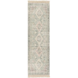 Hauteloom Foraker Hand Woven Traditional Vintage Runner Rug for Hallway - Bohemian Neutral Color Medallion Carpet with Tassel - Cotton Natural Fiber - Sage, Green, Pink - 2'6" x 8' (2x8 Runner Rug)