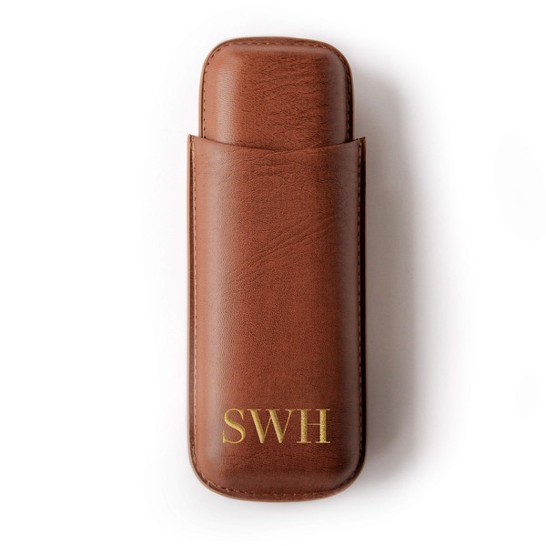 Monogrammed Two Cigar Travel Vegan Leather Case in Chestnut Brown by Case Elegance
