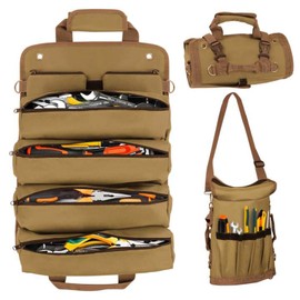 Tool Roll Bag, Roll Up Small Tools Box Storage, Heavy Duty Oxford Cloth Tool Organizer with 4 Zipper Pockets and 2 Detachable Pouches, Tool Roll Organizer Gifts for Mechanic Electrician Dad (Khaki)