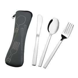 EudokkyNA Outdoor Travel Cutlery Set for 1, 3-Piece Travel Utensil Flatware with Grey Case