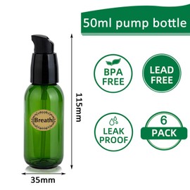 Apstaqeoo 6Pcs 50Ml Empty Lotion Pump Bottle Dispenser for Toiletries TSA Approved Pump Dispenser Leak-proof Plastic Travel Bottles Container with Label & Funnel for Cleaning Shampoo Cosmetic (Green)