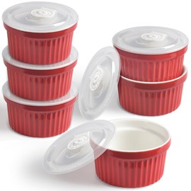 homEdge Porcelain Ramekins Set with Lid, 240 ml / 8 Fl Ounces Ice Cream Bowl, Creme Brûlée Ramekins Soufflé Cup for Baking, Set of 6 Red