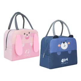 KASESSS 2 PCS Kids Lunch Bag for Girls Boys Students, Cartoon Insulated Lunch Bag Kids, Reusable Small Waterproof Lunch Box Bag Lunch Bags for Travel Picnic School (Blue, Pink)