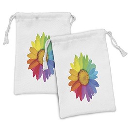 Ambesonne Flower Fabric Pouch Set of 2, Rainbow Colored Sunflower or Daisy Spring Inspired Image Hippie Style Modern Design, Small Drawstring Bag for Toiletries Masks and Favors, 9" x 6", Multicolor