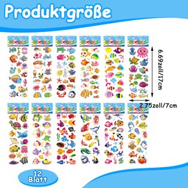 12 Sheets 3D Sea Animals Stickers, Children's Cartoon Fish Puffy Stickers, 3D Ocean Animal Sticker Set, Various Underwater World Tropical Fish Stickers, for Boys Girls Birthday Decoration
