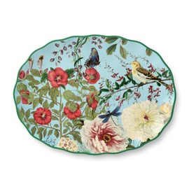 Flora Ceramic Oval Platter – 14" x 10" Large Decorative Serving Dish with Pastel Floral, Butterfly, and Bird Patterns, Perfect for Appetizers, Charcuterie, and Dessert